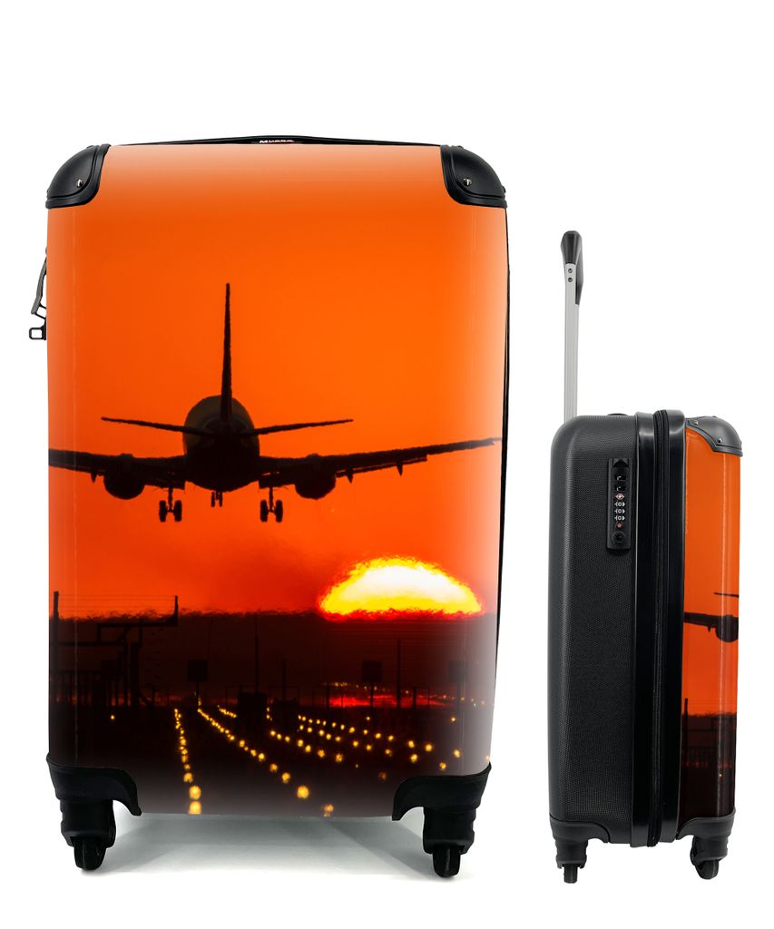 MuchoWow Koffer Handgepäck Trolley Rollkoffer Kleine Reisekoffer mit 4 Rollen - Sonnenuntergang - Flugzeug - Orange - Sonne - Cabin Size < 55x40...