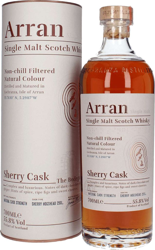 A bottle of Arran Single Malt Scotch Whisky and its cylindrical packaging.
