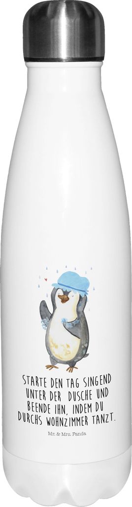 Mr. & Mrs. Panda Trinkflasche Pinguin Duschen - Weiß - Geschenk, Motivation, Singen, Wasserflasche, Duschkonzert, Thermos, Neuanfang, trinkflasche...