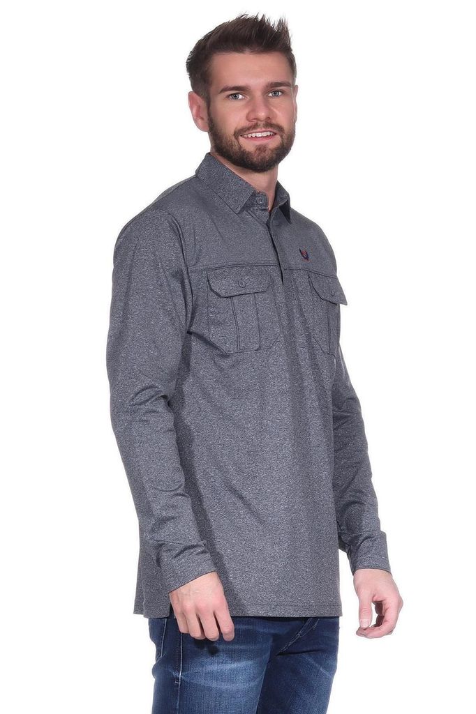 Herren Polo Shirt Langarm Longsleeve mit Brusttaschen; Dunkelgrau L