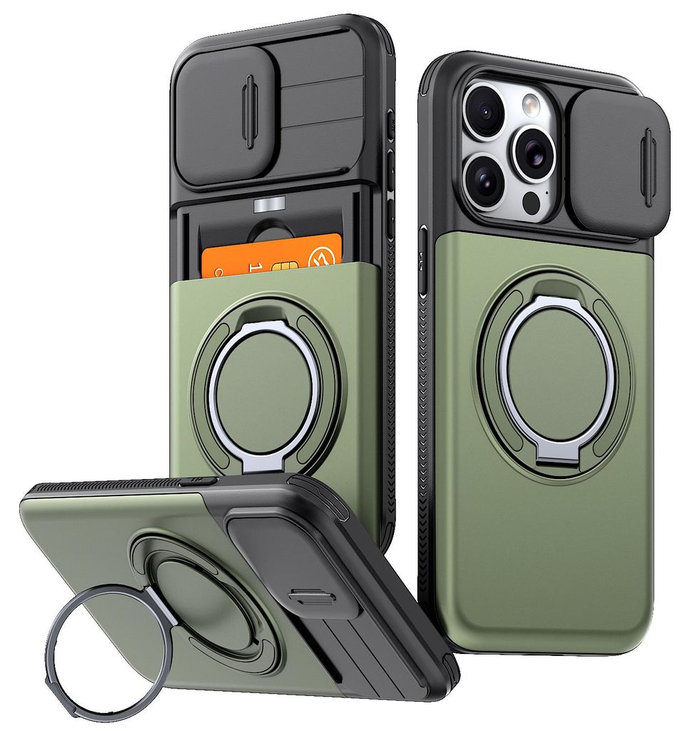 Handyhülle mit Kartenfach für iPhone 13 Pro Max/iPhone 12 Pro Max, Schiebe Kameraschutz, Ringhalter Ständer, Stoßfeste Schutzhülle Grün