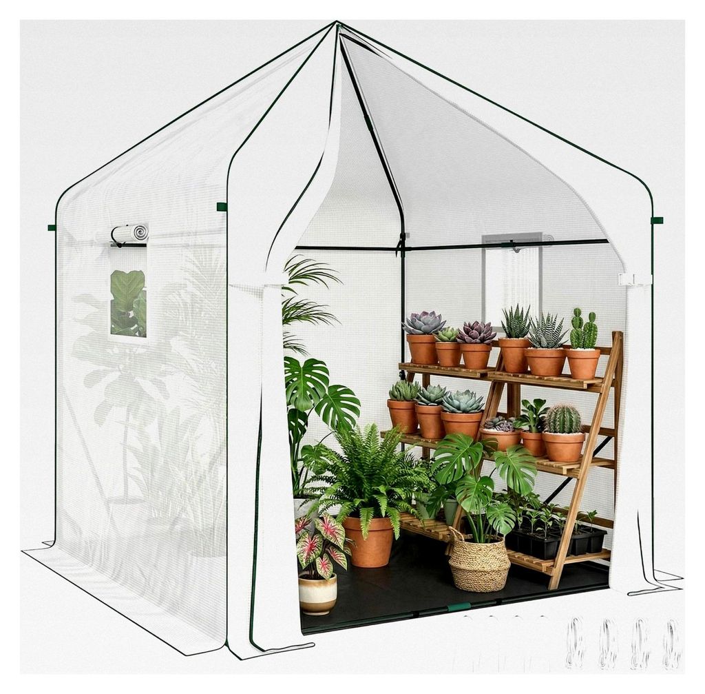 Begehbares Gewächshaus 160 x 160 x 200 cm für den Außenbereich mit verstärktem Stahlrahmen und PE-Abdeckung, großes Pflanzenhaus mit Rolltür ...