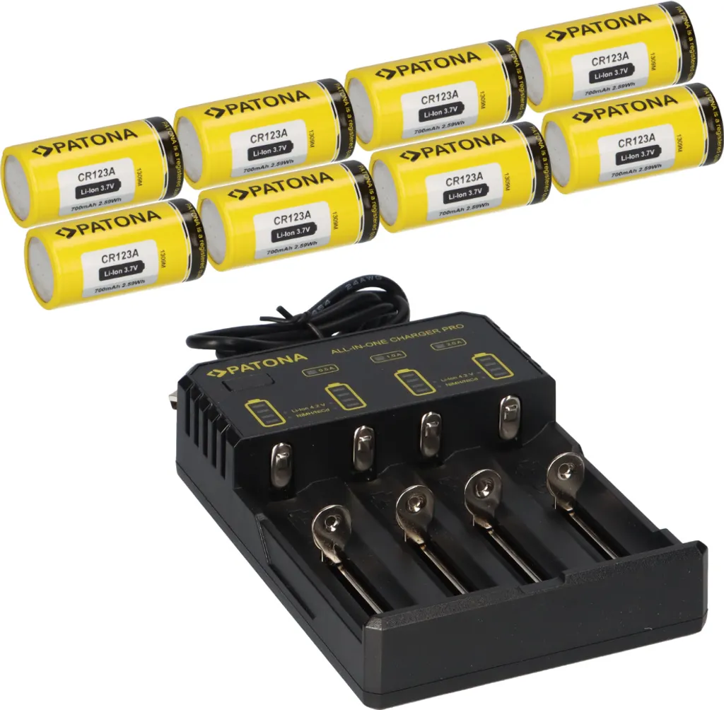 Kit Energia PATONA: 8x CR123A 3,7V 700mAh con Caricabatterie USB