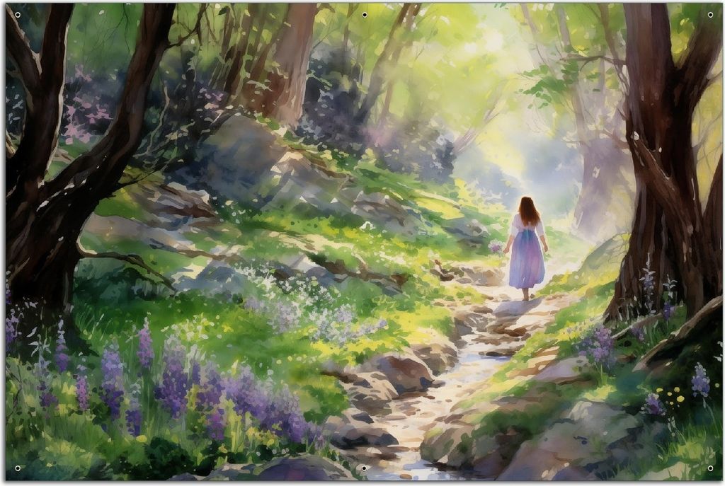 Wallario Outdoor-Poster für Garten oder Balkon, Motiv Wanderung im Morgenlicht, in ca. 61 x 91,50 cm