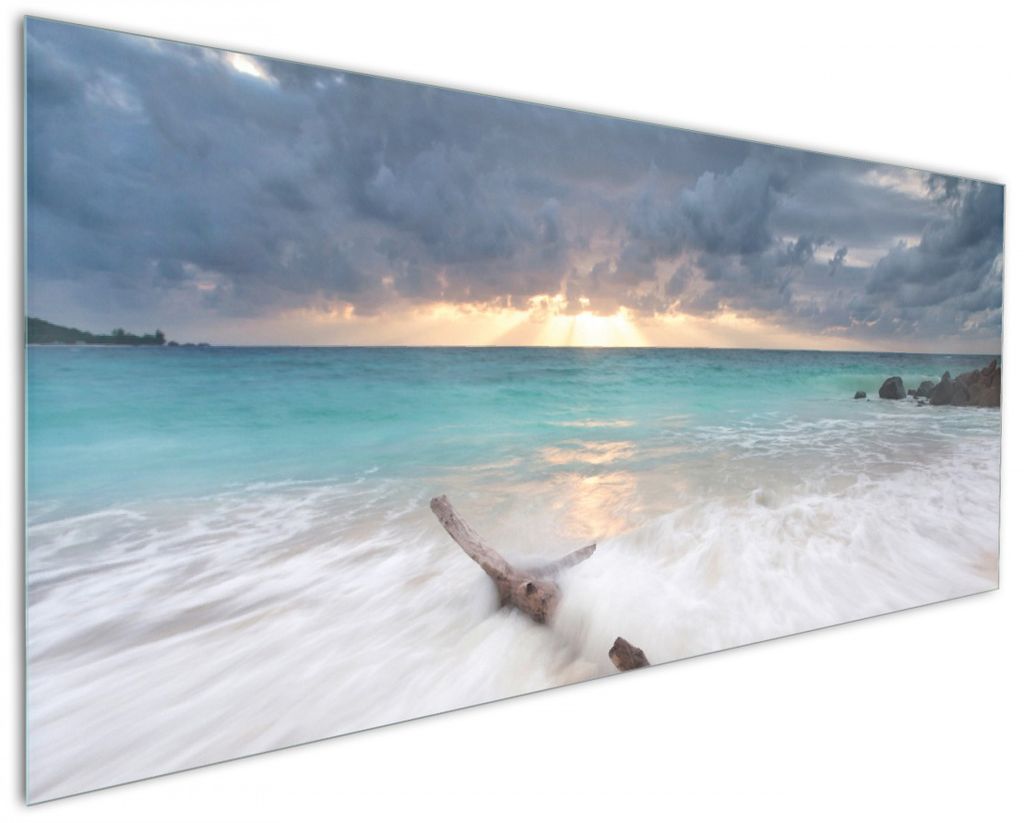 Wallario Küchenrückwand aus Glas, Größe: 125 x 50 cm, Motiv: Wellen am Strand bei Sonnenuntergang | Spritzschutz | abwischbar | pflegeleicht | in