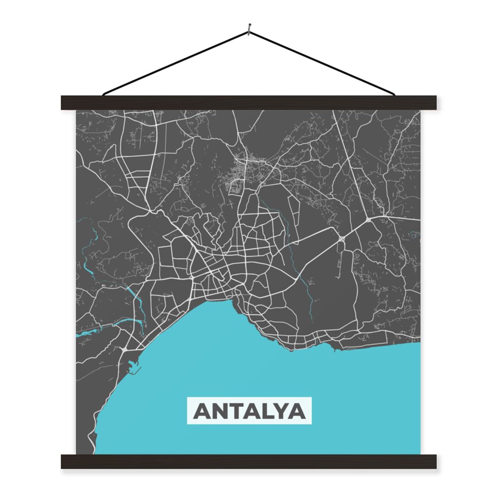 MuchoWow Textilposter Antalya - Stadtplan - Blau - Karte 40x40 cm mit schwarzem Rahmen - Fotos