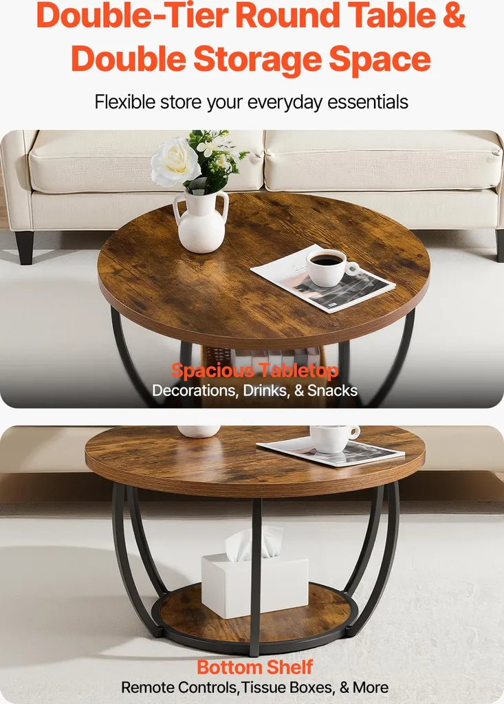 Table basse ronde anti-encombrement avec double rangement et pieds fixes