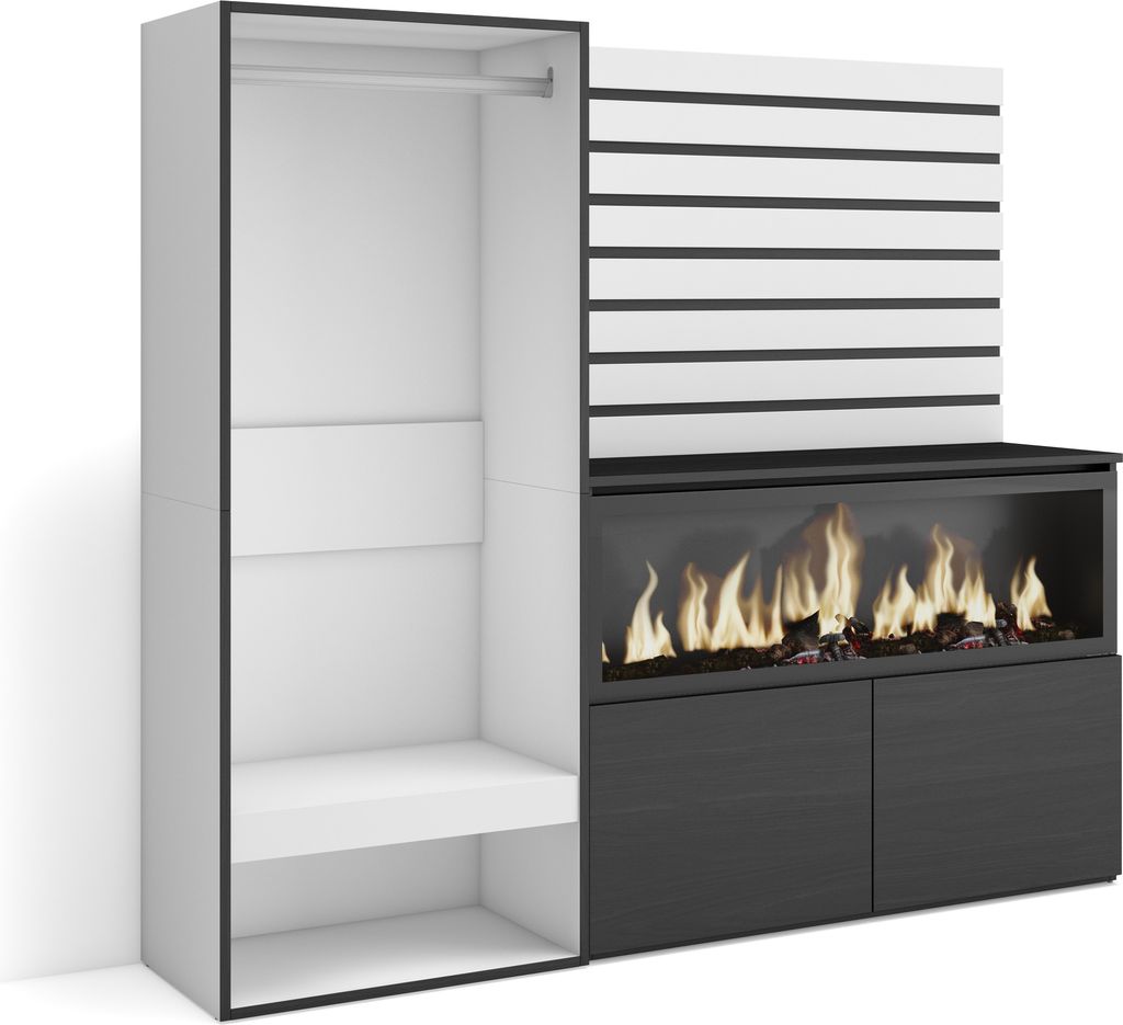 Sideboard, Kommode, 167x35x145 cm, Für Schlafzimmer, Zimmer, Elektrokamin XXL, Offener Kleiderschrank, Weiß