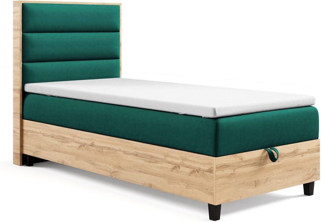 Trinity K-1 Boxspringbett 70x200 | Einzelbett mit. Matratze und Stauraum | Bonellfederkern inkl. Topper & Kopfteil | inkl. Lieferung - Grün