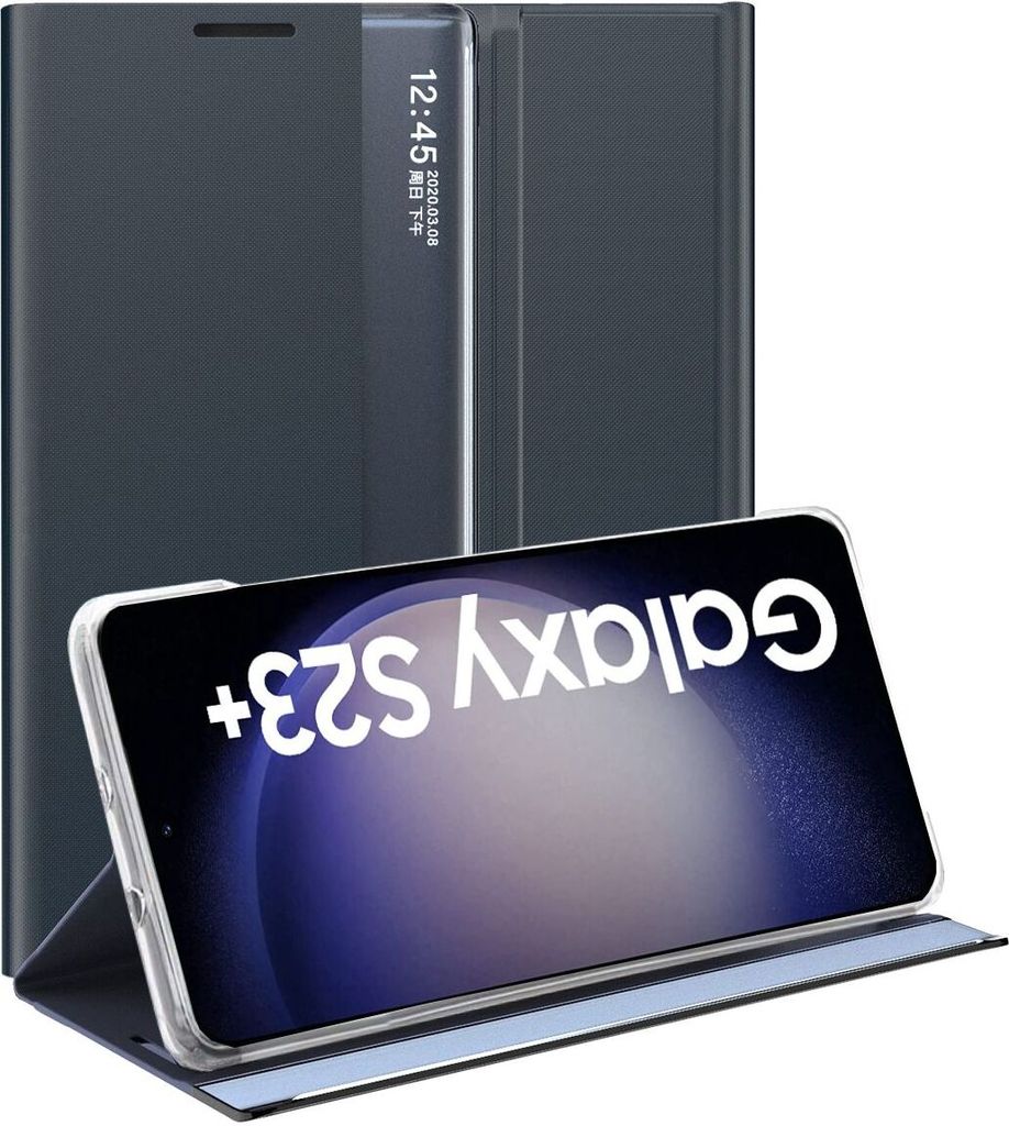 Samsung Galaxy S23+ Hülle, Slim Flip Leder Smart View Window Klappetui Schutzhülle mit Standfunktion für Galaxy S23+ Navy blau