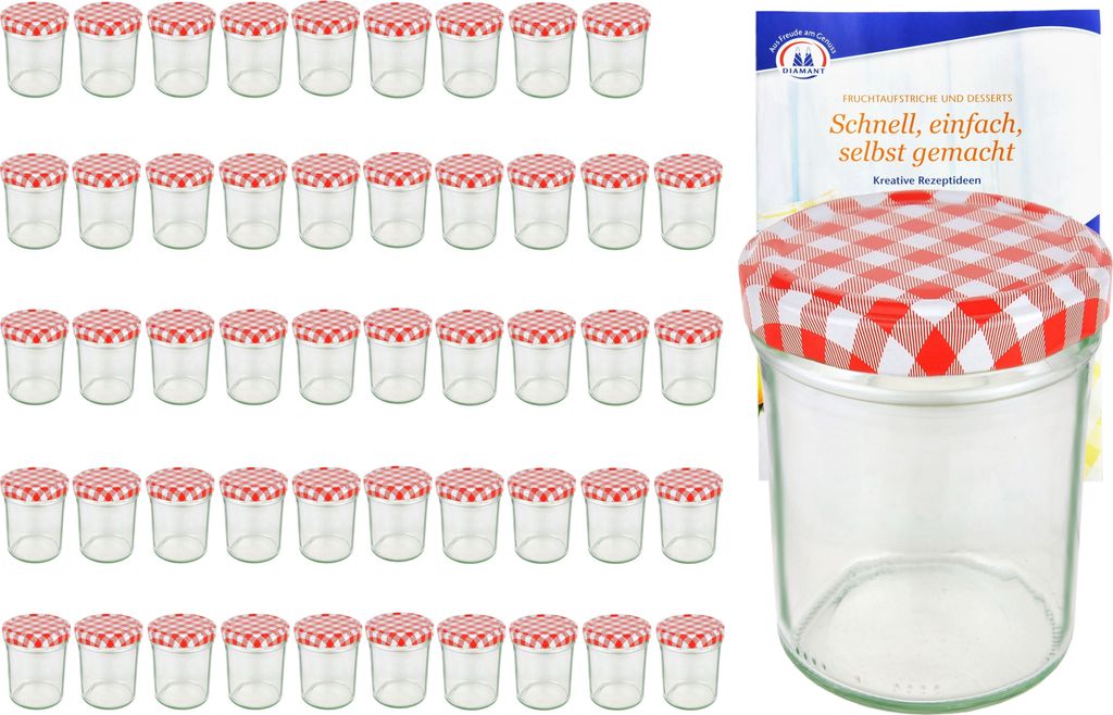 A collection of glass jars with red and white checkered lids, along with a product box and a single larger jar.