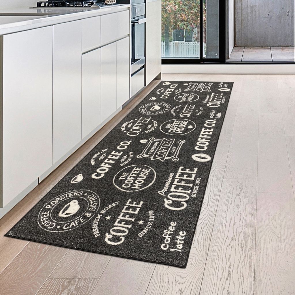 Küchenläufer schwarz mit Gelrücken und Schriftzug in weiß Produktbild 1