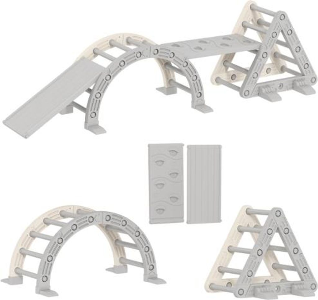 Klettergeruest Indoor 5in1 Kletterdreieck Rutsche Kletterbogen Inklusive Doppelseitige Rampe Spielplatz Indoor 18-48 Monate Grau Weiss 104x70x56cm