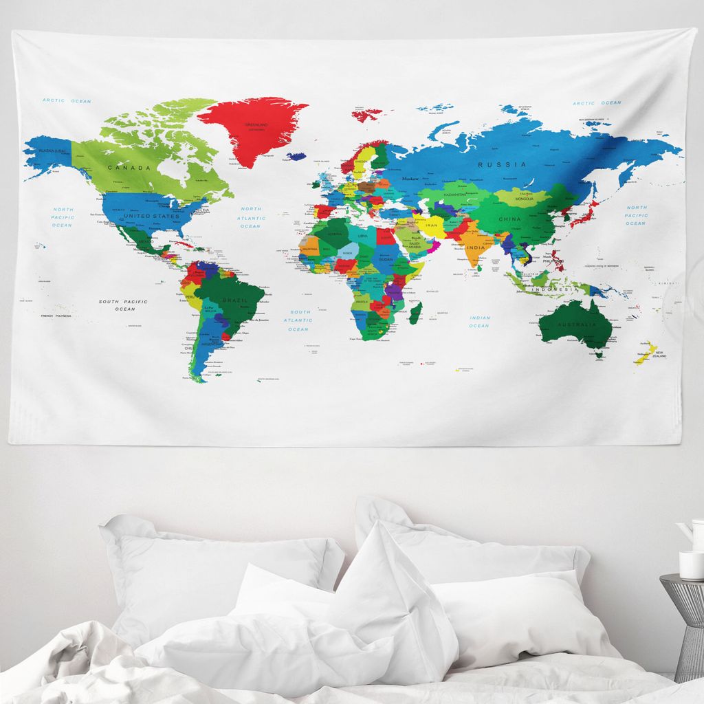 ABAKUHAUS Weltkarte Wandteppich, Bunt Politisch aus Weiches Mikrofaser Stoff Waschbar ohne Verblassen Digitaldruck, 230 x 140 cm, Mehrfarbig