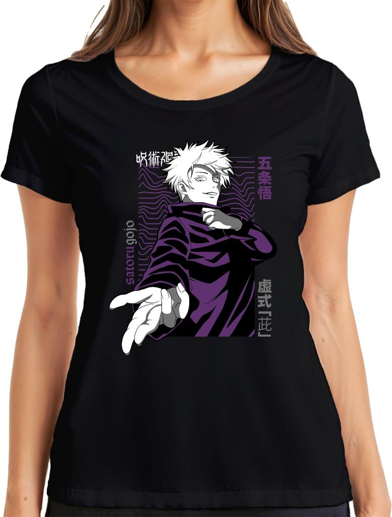 Jujutsu Kaisen Satoru Gojo Anime Ästhetik Fan Geschenk Lila Retro Damen T-Shirt, Schwarz, XL
