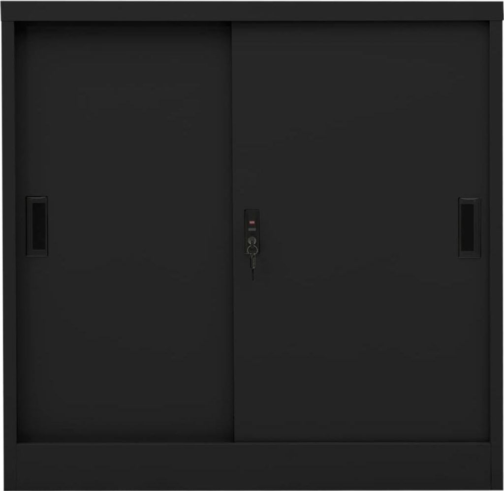 A closed black metal filing cabinet with sliding doors.