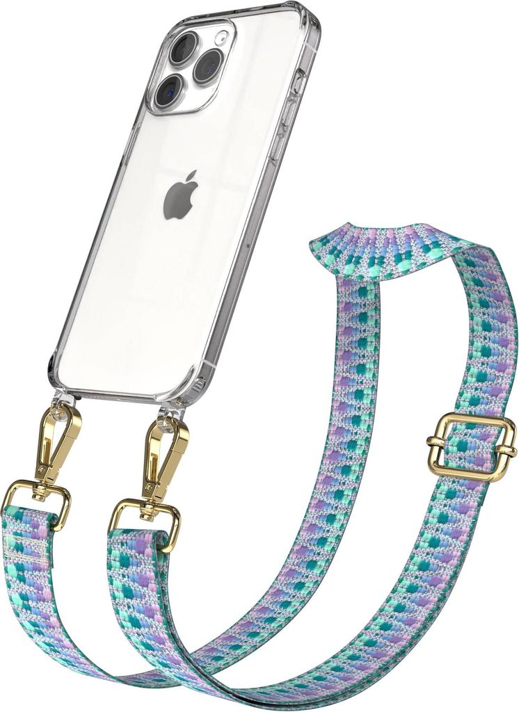 EAZY CASE Handykette - Verstellbarer Trageriemen kompatibel mit Apple iPhone 15 Pro Max, Handykordel mit transparenter Silikon-Hülle, Karabiner Go...