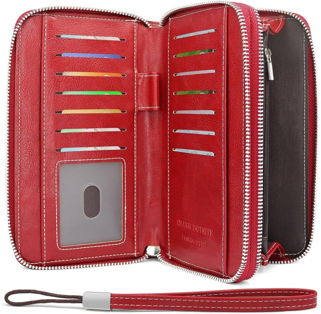 Kunstleder Geldbeutel Damen Groß Viele Fächer mit 14 Kartenfächer Lang Portemonnaie Damen RFID Schutz Portmonee Damen mit Münzfach und Abnehmbarer