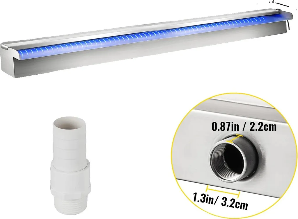 Fontaine cascade piscine LED 1500mm en inox - Éclairage RGB à distance