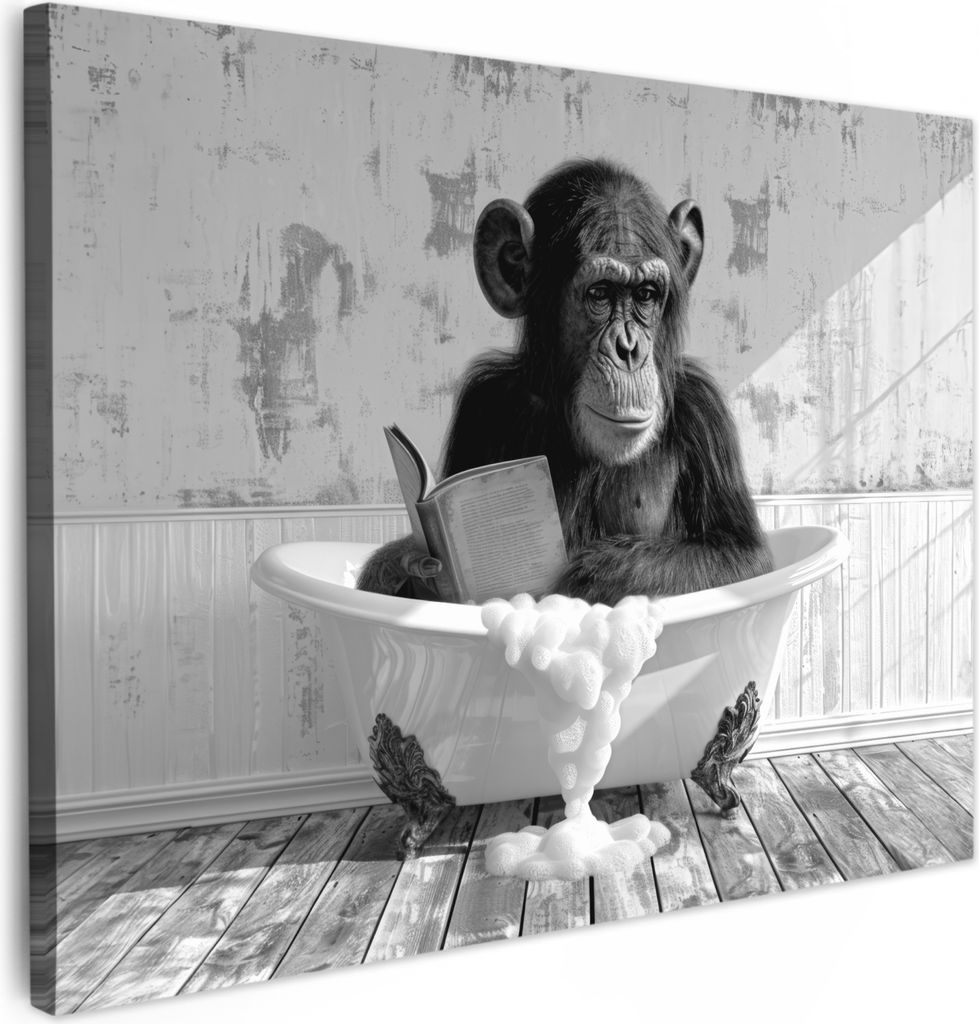MuchoWow - Leinwandbilder - Vintage - Affe - Badewanne - Schaumstoff - Tier, Wandbild, Wanddeko Bilder Wohnzimmer, 40x30 cm