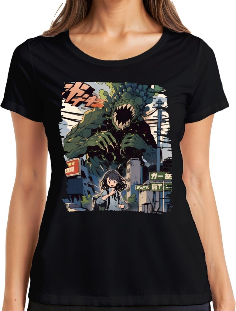 Kaiju Angriff Schulmädchen Monster Apokalypse Stadt Anime Manga Damen T-Shirt, Schwarz, L