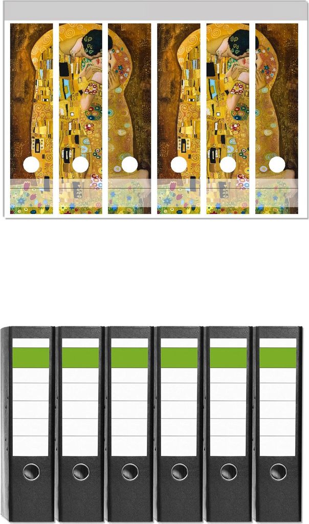 Wallario 6 Stück breite Ordner inkl. Klebeetiketten mit Motive Der Kuss von Klimt - Set mit Rückenschildern / Ordnerrücken Stickern