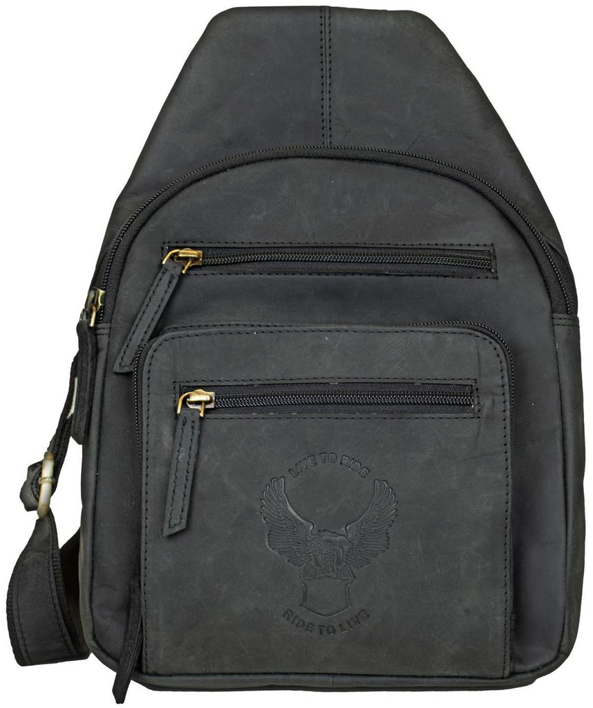 Vintage Herren Leder Brusttasche Motorrad Rucksack Schultertasche Umhängetasche (Schwarz)