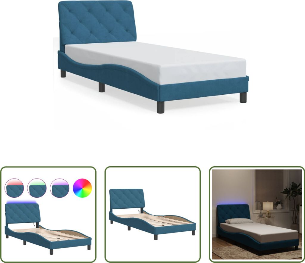 The Living Store Bettgestell mit LED-Leuchten Blau 90x200 cm Samt