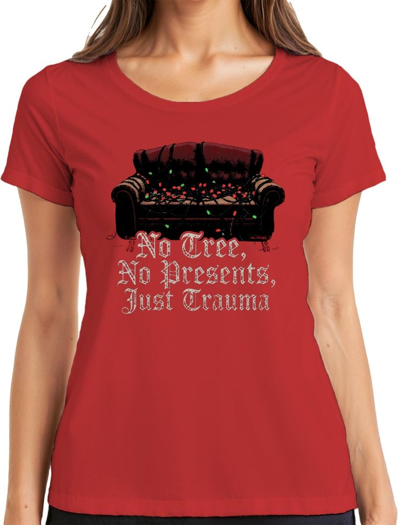 No Tree No Presents Just Trauma Weihnachten Sofa Lichterkette Damen T-Shirt, Rot, S