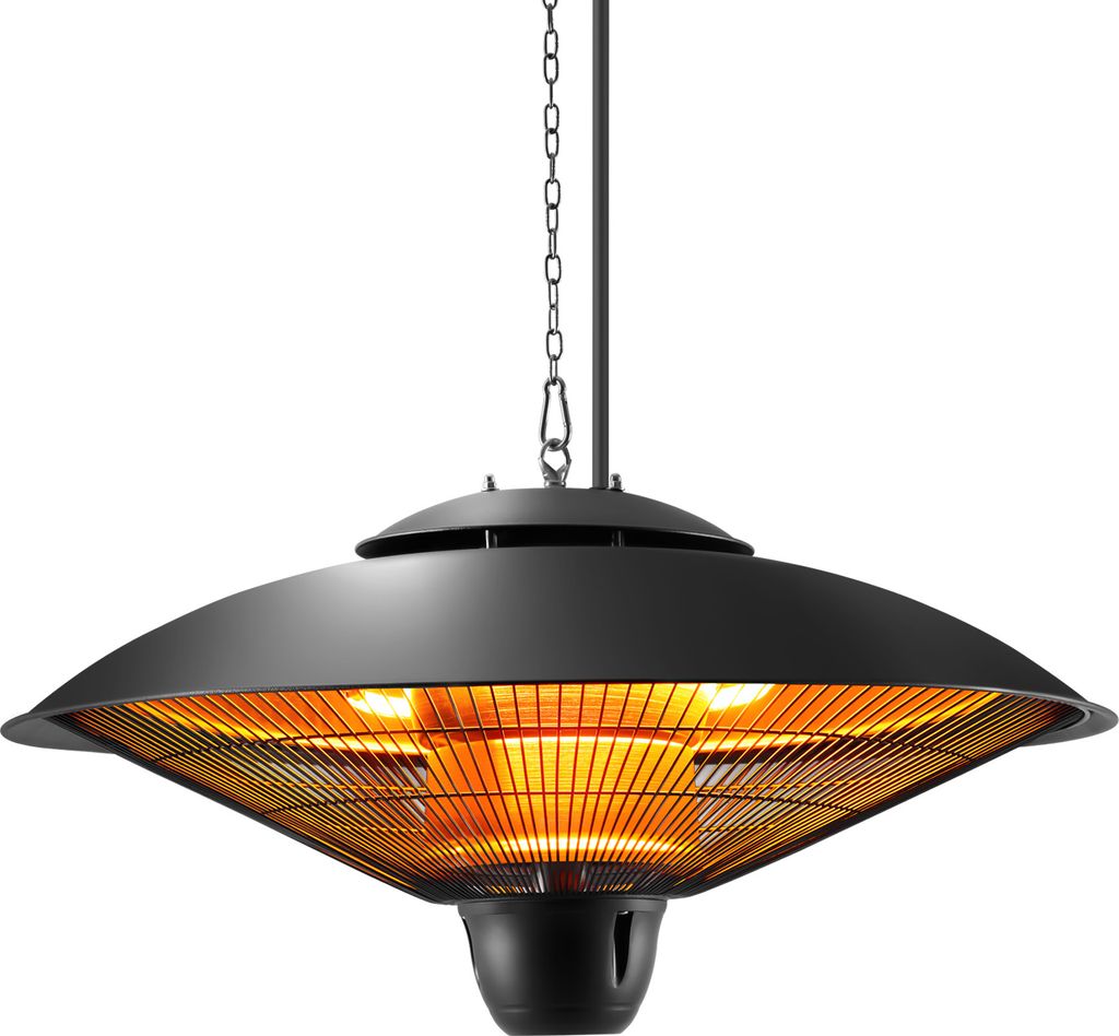 A black hanging infrared heater with glowing heating elements.