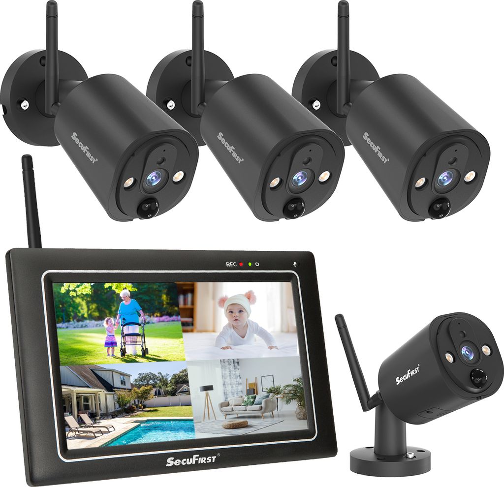 SecuFirst 2K Überwachungskamera Aussen Set mit Monitor,4X Kameras Überwachung ohne WLAN +7 Zoll Touchscreen Funk NVR Bildschrim,Gegensprech oder ...