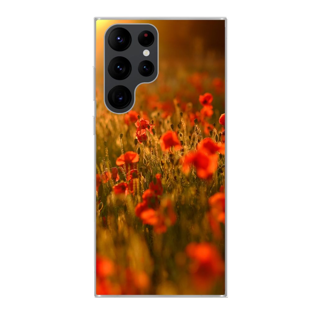 MuchoWow Handyhülle Schutzhülle Hülle für Samsung Galaxy S22 Ultra Orangefarbenes Leuchten über den Mohnblumen auf dem Feld Silikon Softcase...