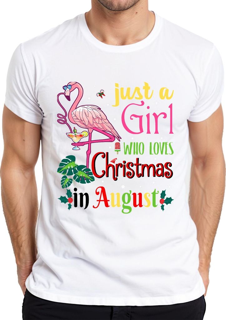 Just a Girl Who Loves Christmas in August Flamingo Tropical Beach Herren T-Shirt, Weiß, M