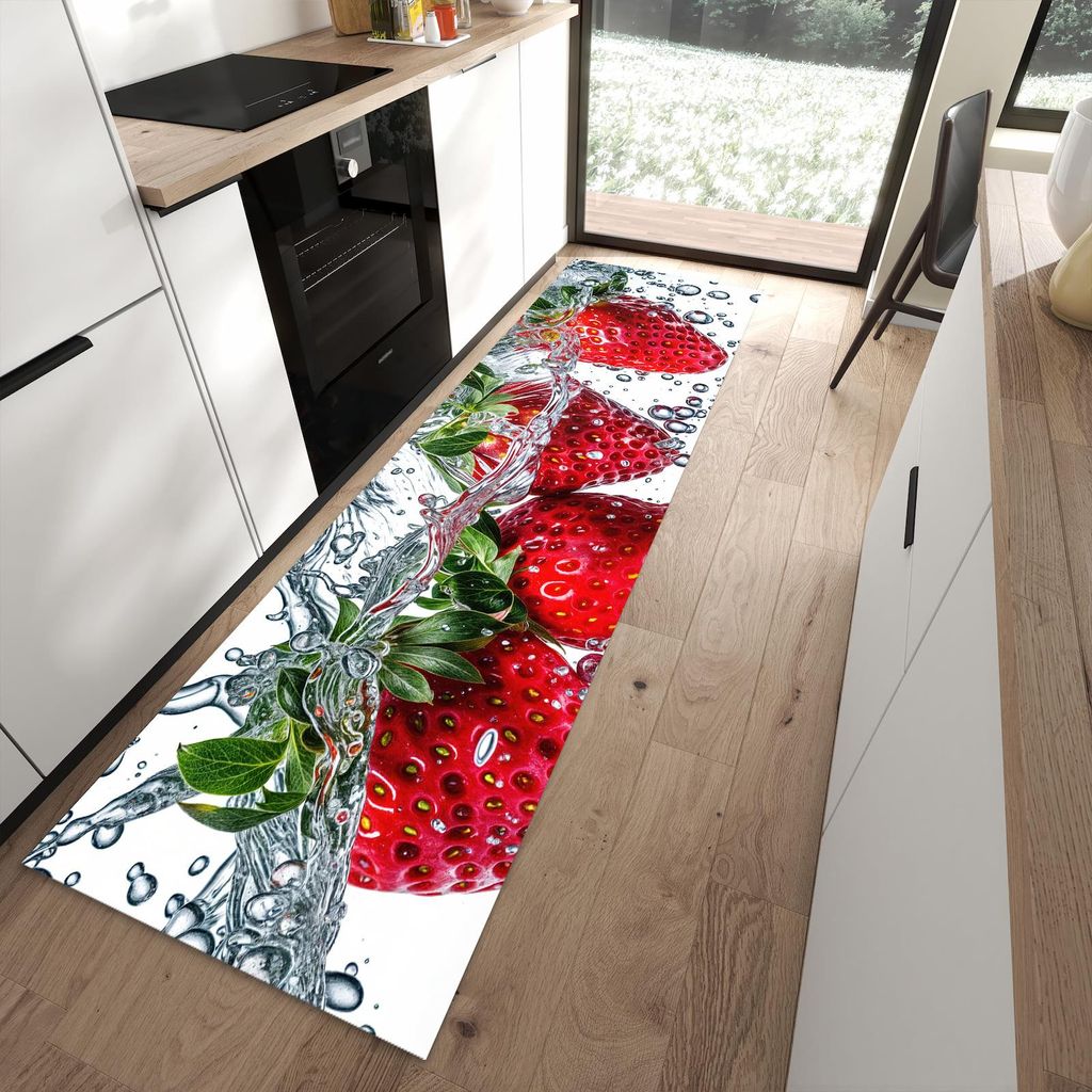 Küchenteppich 80x280cm rutschfest & abwischbar PVC Läufer - In Wasser Erdbeeren