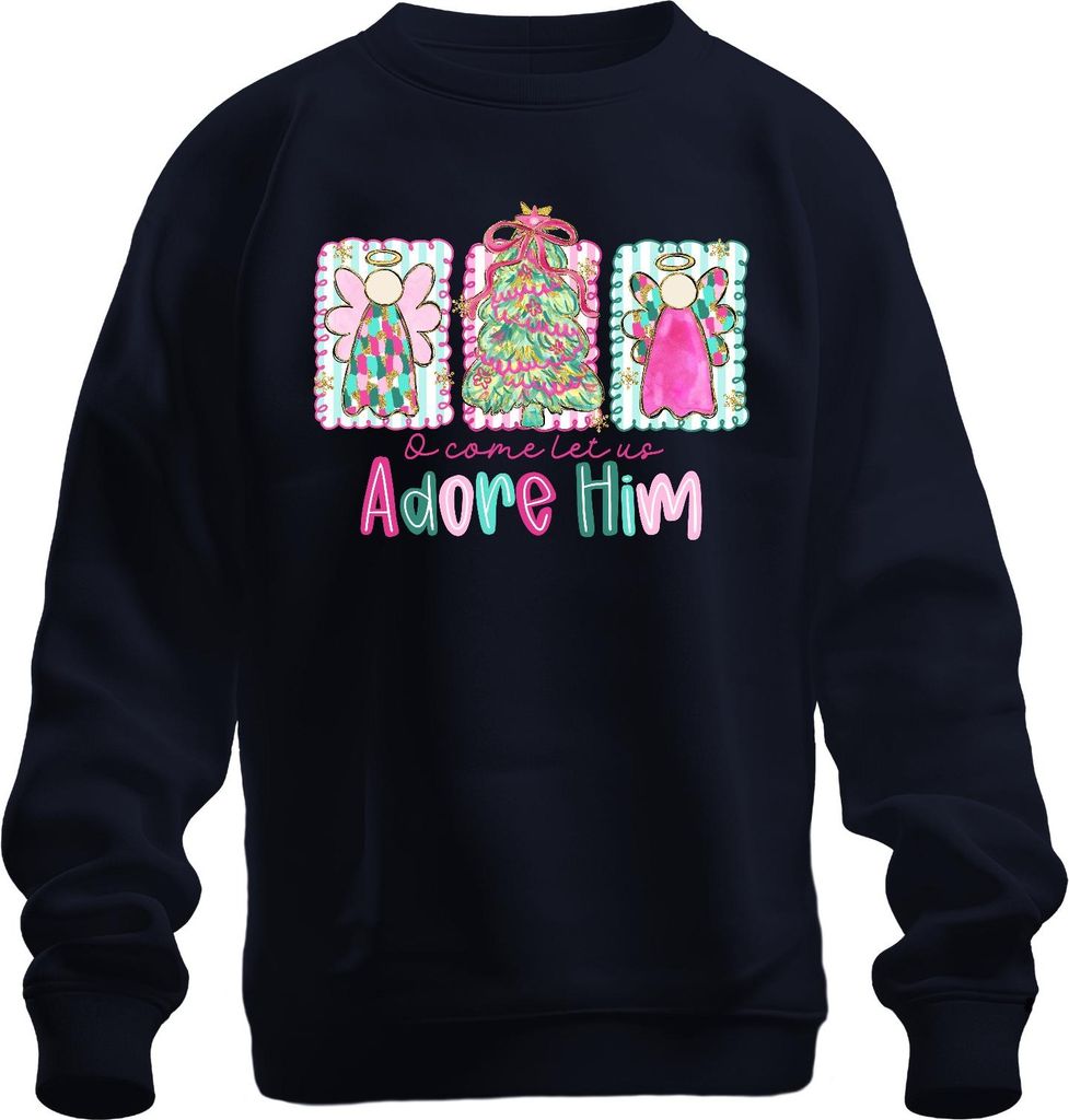 O come let us Adore Him Engel Weihnachtsbaum Christlich Pastell Uni Sweatshirt Pullover, Navy, S