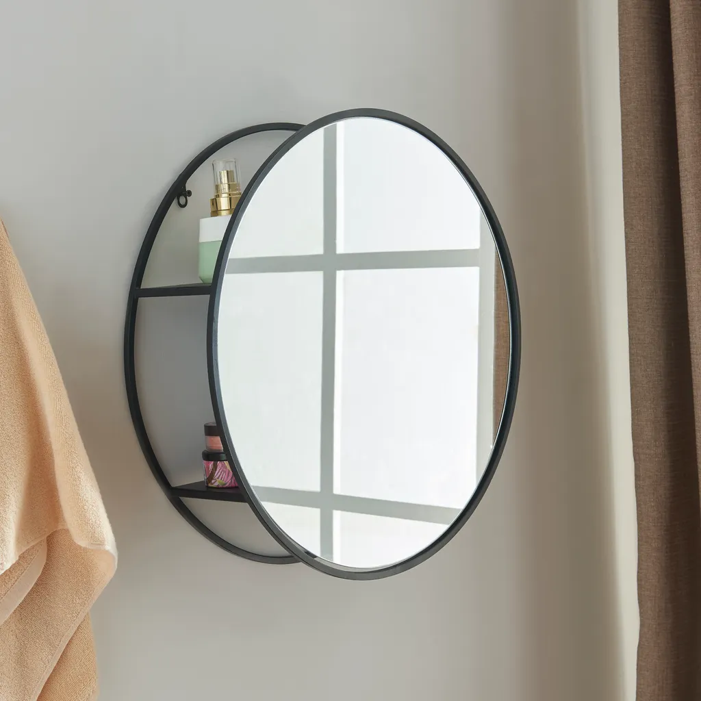 Miroir rond avec tablette de rangement Sunne coloris noir mat 50 cm