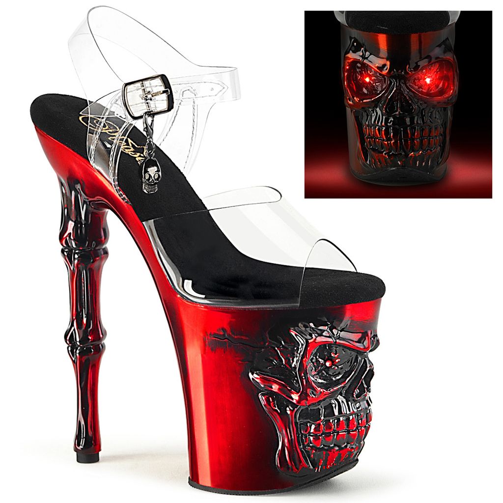 RAPTURE-808-LT Pleaser Damen High Heels Plateausandaletten klar Satin rot Chrom