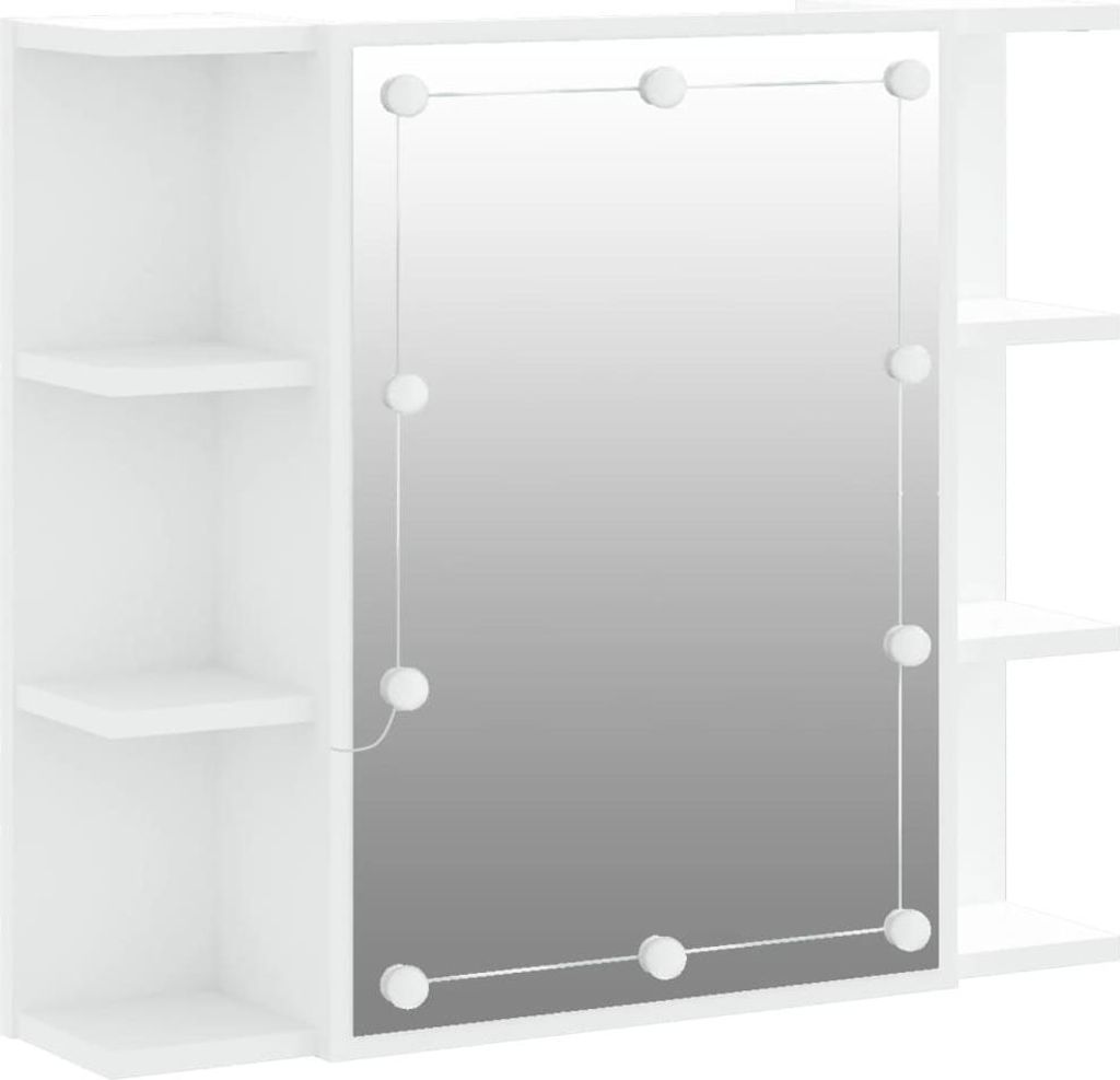 A white mirrored cabinet with shelves and LED lights.