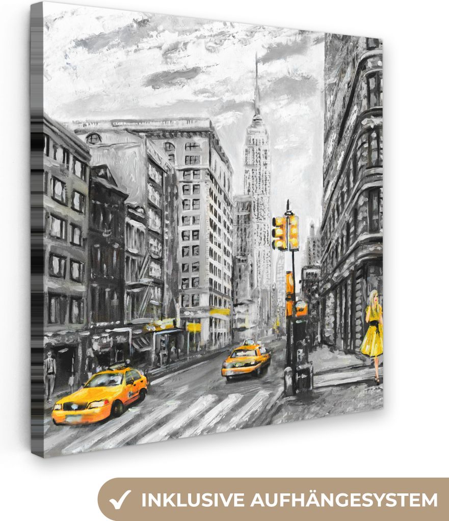 MuchoWow - Leinwandbilder - Malerei - Stadt - Auto - Gelb, Wandbild, Wanddeko Bilder Wohnzimmer, 20x20 cm