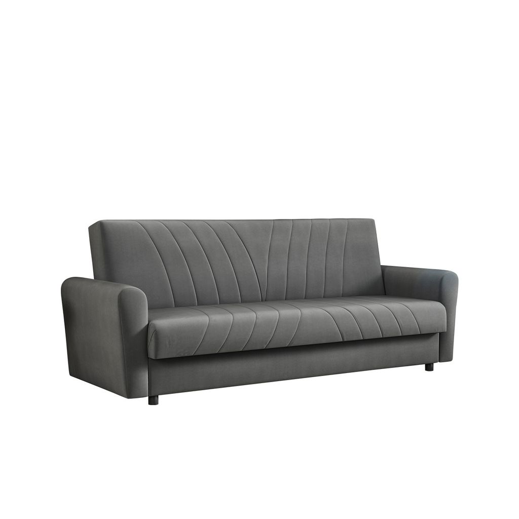 A gray sofa is shown against a white background.
