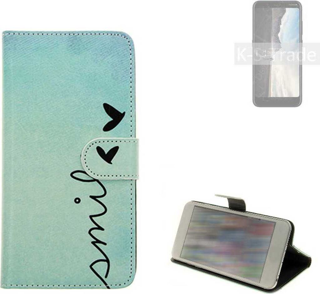 K-S-Trade Schutz Hülle Handy Hülle kompatibel mit Nokia C2 Tava Hülle Handyhülle cover bookstyle Etui Handyhülle ''smile'' türkis Standfunktion
