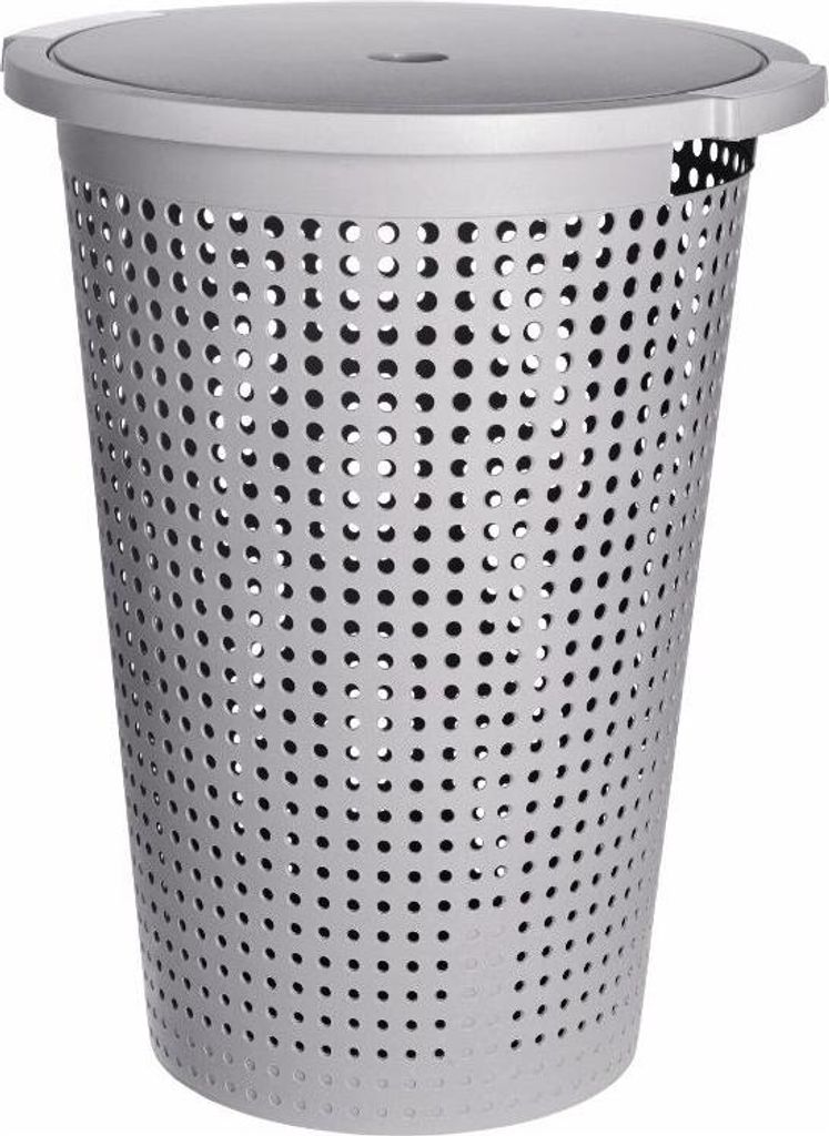 A gray laundry basket with a lid and perforations.