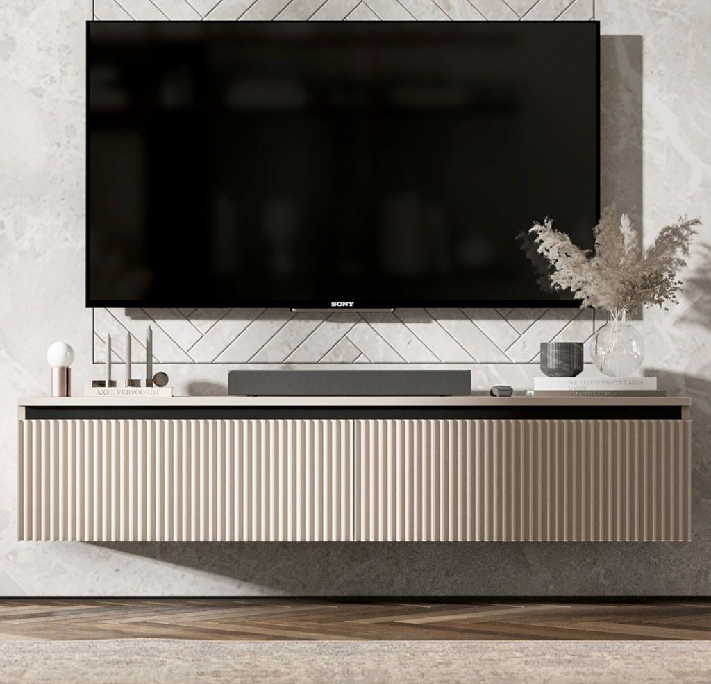 A modern TV stand with a wall-mounted TV above it.