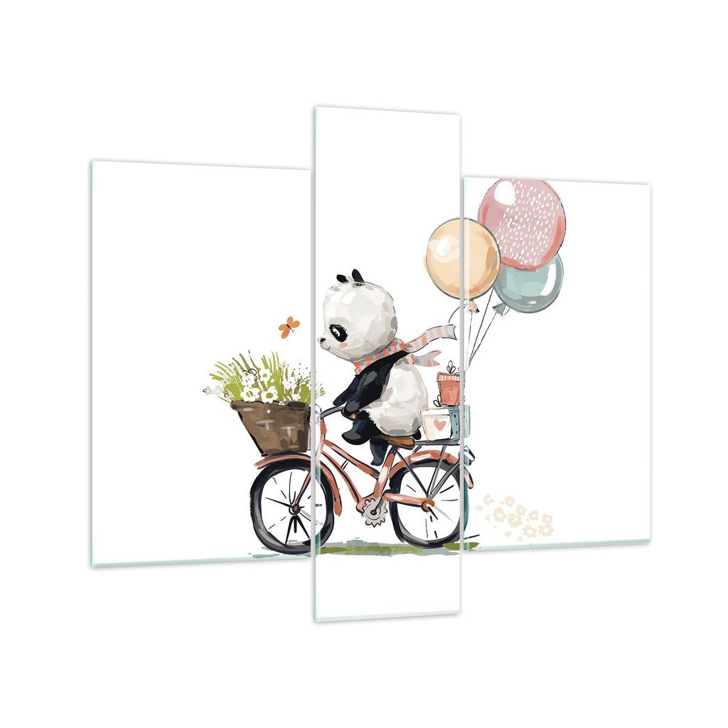 Bilder auf glas - 3 Teile - Panda Fahrrad Kinder - 95x80cm - Glasbilder - Wandbilder - Bilder - zum Aufhängen bereit - Wanddekoration aus Glas - G...