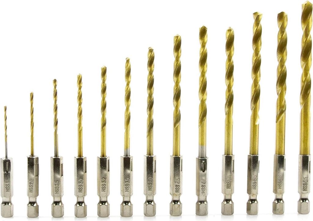 HSS TiN Bohrer Set 1,5-6,5 mm, 13-teilig, Sechskantschaft, für Nichteisenmetalle, Stahl und Kunststoffe, optimale Lebensdauer und Nachhaltigkeit.