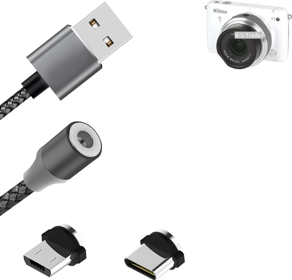 K-S-Trade Hochwertiges Magnet-Lade-kabel Sync-Kabel Daten-Kabel für Nikon Nikon 1 S1 mit USB-Typ-C-Anschluss und Micro-USB-Anschluss 2A bis zu