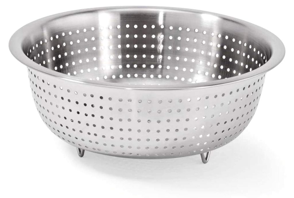 Seiher aus Chromnickelstahl auf Fuß, 40 cm Durchmesser, 14,5 cm Höhe