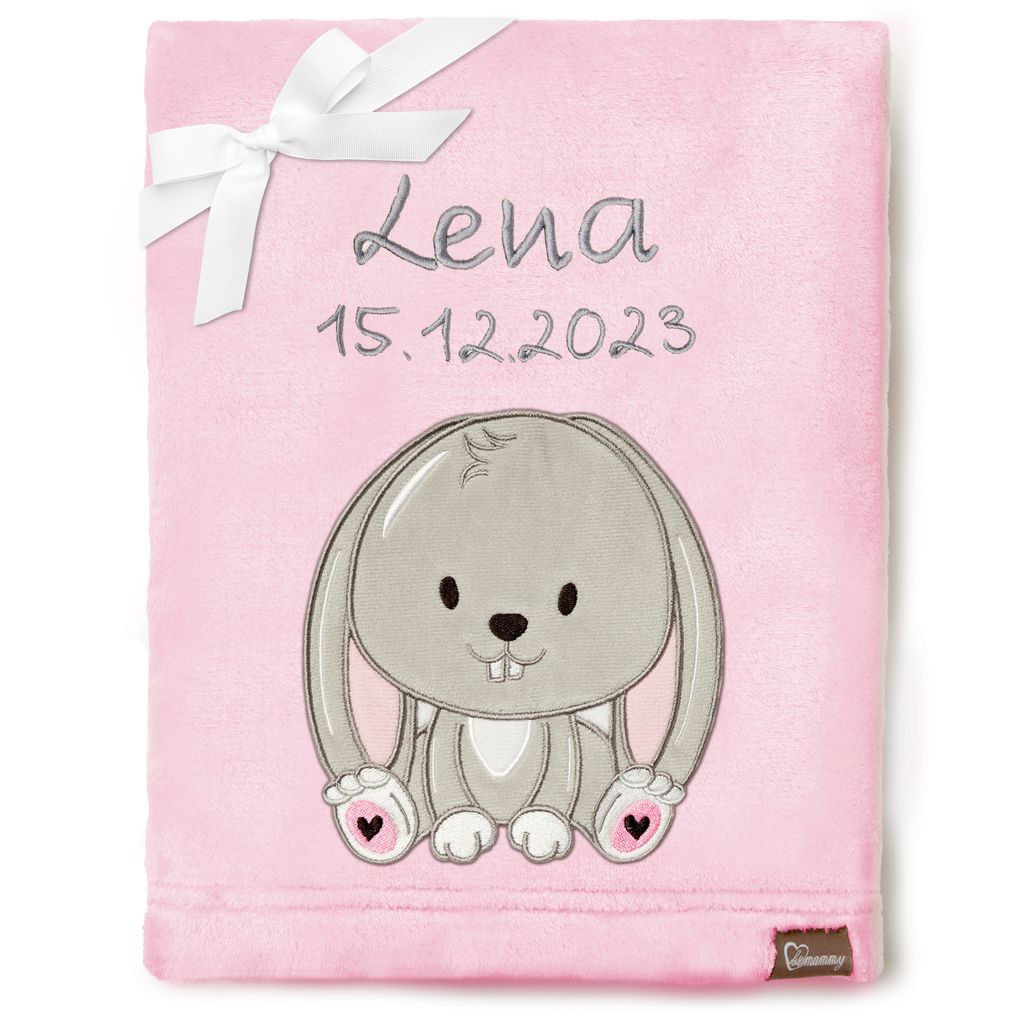 Be Mammy Babydecke mit 3D Applikation bestickt mit Name und Geburtsdatum 76 x 102 cm BE20-280 (Puderrosa – Kaninchen, 76 x 102 cm)