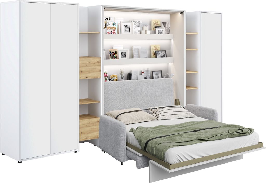Schrankbett mit sofa Bed Concept 140x200 cm Lenart Led Beleuchtung Taschenfederkernmatratze Bett im Schrank Klapbett Weiß/Grau