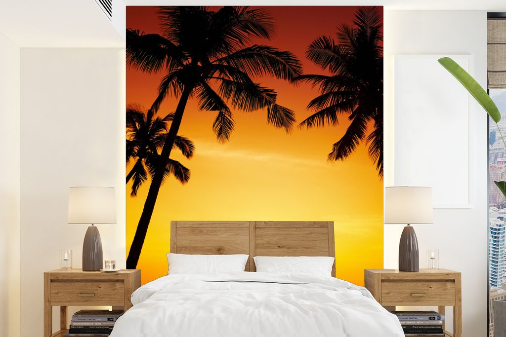 MuchoWow Fototapete für Wohnzimmer oder Schlafzimmer Wandtapete Vinyl Motivtapete Palme - Sonnenuntergang - Strand - Orange - Tropisch - 190x260...